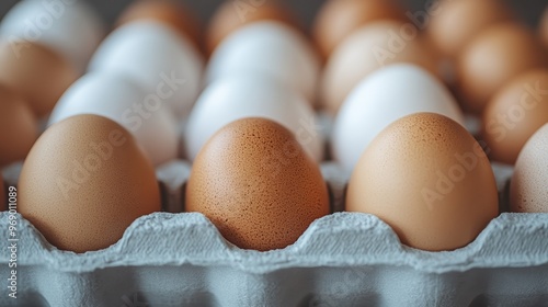 A close-up image of a gray egg carton holding brown and white eggs, showing the texture and speckles on the eggshells, set against a soft-focus background for contrast. photo