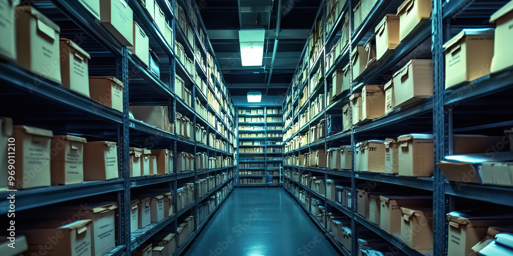 FBI's Vault: A secured area lined with floor-to-ceiling shelves filled with classified files and evidence storage. FBI's Vault: A secured area lined with floor-to-ceiling shelves filled with classified files and evidence storage.