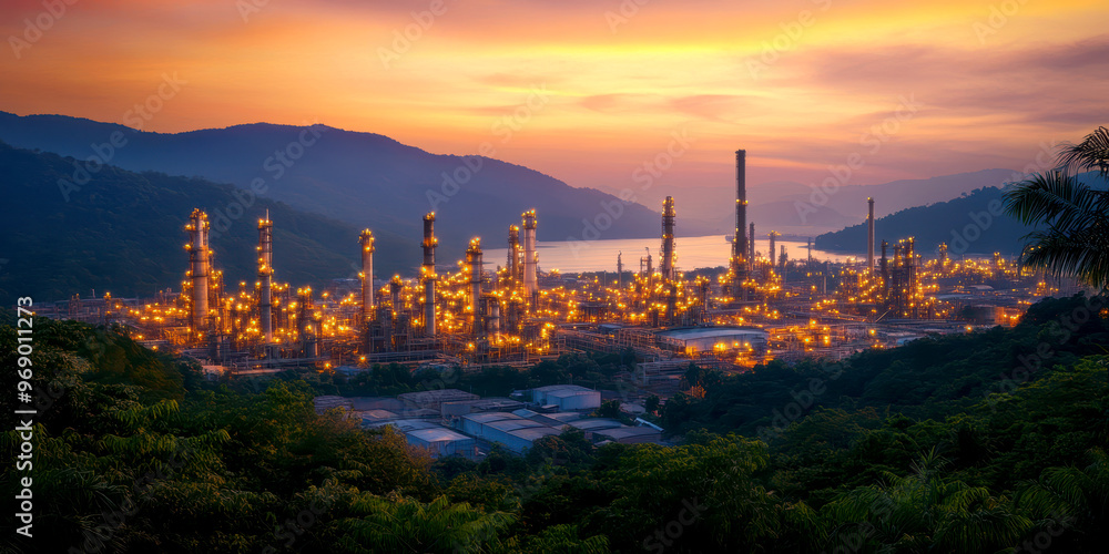 Fototapeta premium Evening picture of the refinery. AI generative.