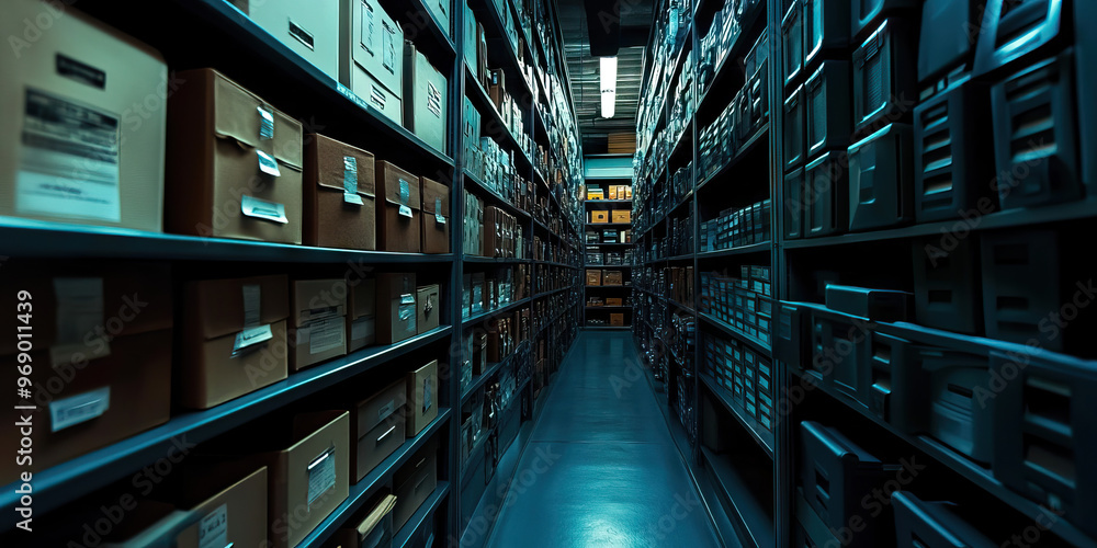 FBI's Vault: A secured area lined with floor-to-ceiling shelves filled with classified files and evidence storage. FBI's Vault: A secured area lined with floor-to-ceiling shelves filled with classified files and evidence storage.