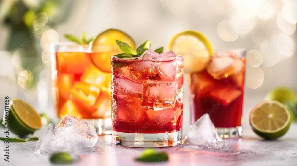 A vibrant display of refreshing cocktails with ice, garnished with lime and mint, perfect for summer enjoyment. A vibrant display of refreshing cocktails with ice, garnished with lime and mint, perfect for summer enjoyment.