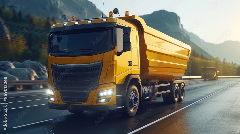 A bright yellow dump truck driving on a highway, showcasing its robust design and purpose for transporting materials. A bright yellow dump truck driving on a highway, showcasing its robust design and purpose for transporting materials.