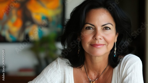 Portrait of a Woman with Black Hair, Wearing a White Shirt and Jewelry photo