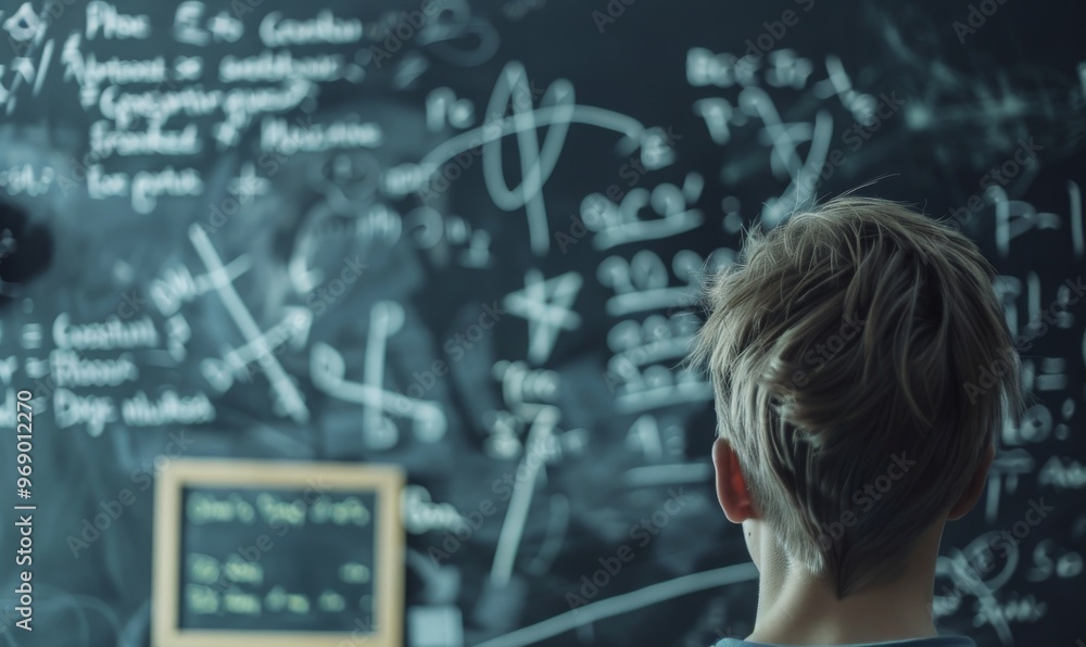 Young student solving complex math problems on a chalkboard. Young student solving complex math problems on a chalkboard.