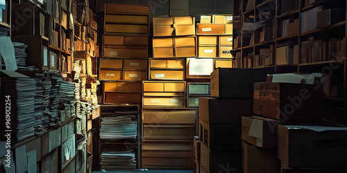 Shadows of the Past: A dimly lit office, overtaken by stacks of yellowing case files and dusty archival boxes. photo