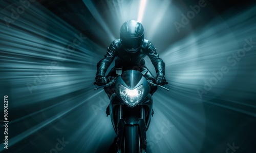 Black motorbike speeding fast on dark road.