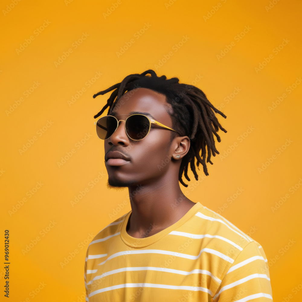 Portrait of African American man in yellow t-shirt and sunglasses Portrait of African American man in yellow t-shirt and sunglasses