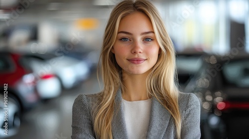 Car dealership, portrait a woman, smile and confidence an auto insurance agency. Transport, rental and happy sales consultant at motor showroom with digital app for online networking