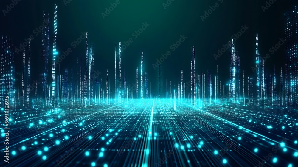 Futuristic abstract landscape with glowing lines and particles, representing digital data flow and connectivity in a virtual space. Futuristic abstract landscape with glowing lines and particles, representing digital data flow and connectivity in a virtual space.