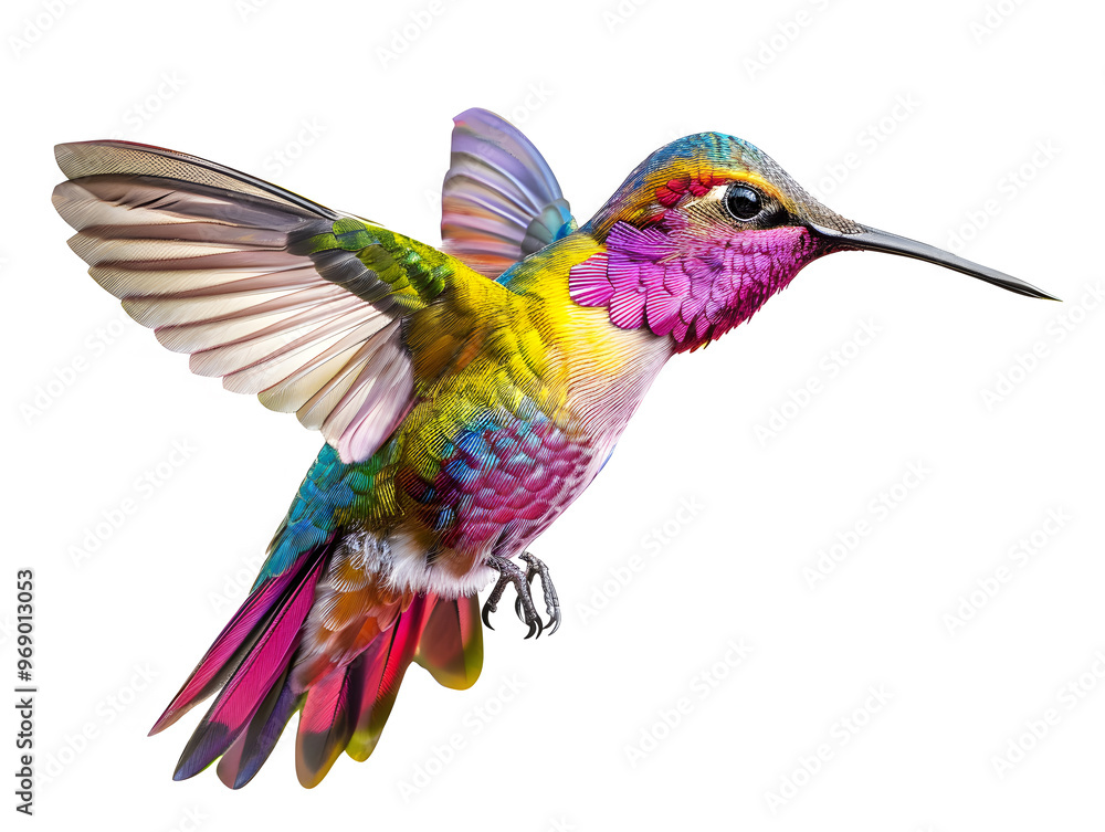 Fototapeta premium Beautiful bright colorful hummingbird in flight. Neural network AI generated art