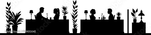 Vektor Silhouette von 2 Männern und 2 Frauen im Profil - Dating - Am Tisch im Restaurant sitzen und reden - Kennenlernen und sich gegenseitig ansehen