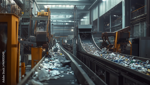 A production line at a recycling plant where a number of conveyors moving different materials such as paper, plastic and glass