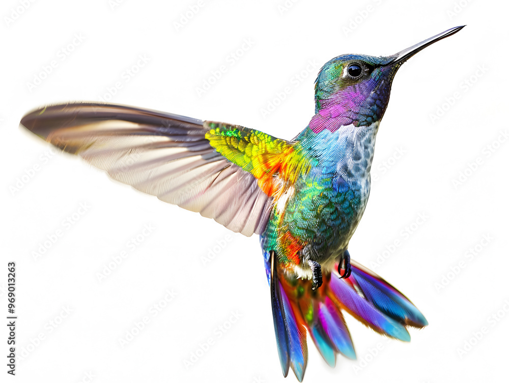 Fototapeta premium Beautiful bright colorful hummingbird in flight. Neural network AI generated art