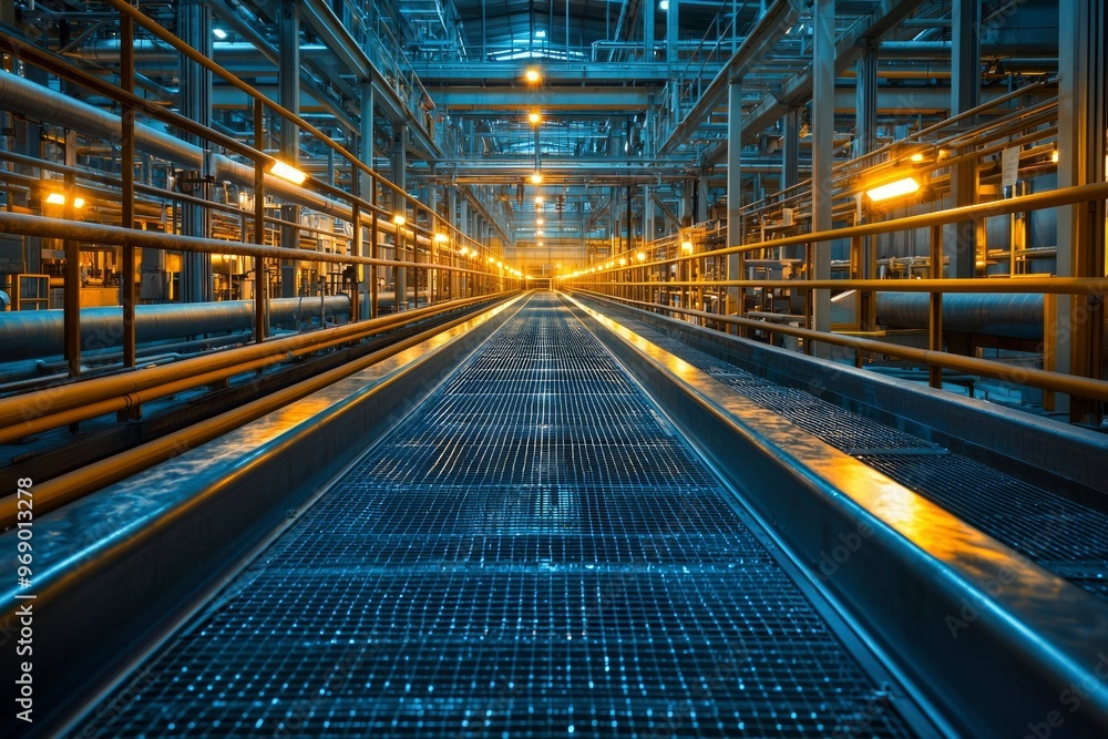 Industrial Walkway with Metal Grating and Yellow Handrails Industrial Walkway with Metal Grating and Yellow Handrails