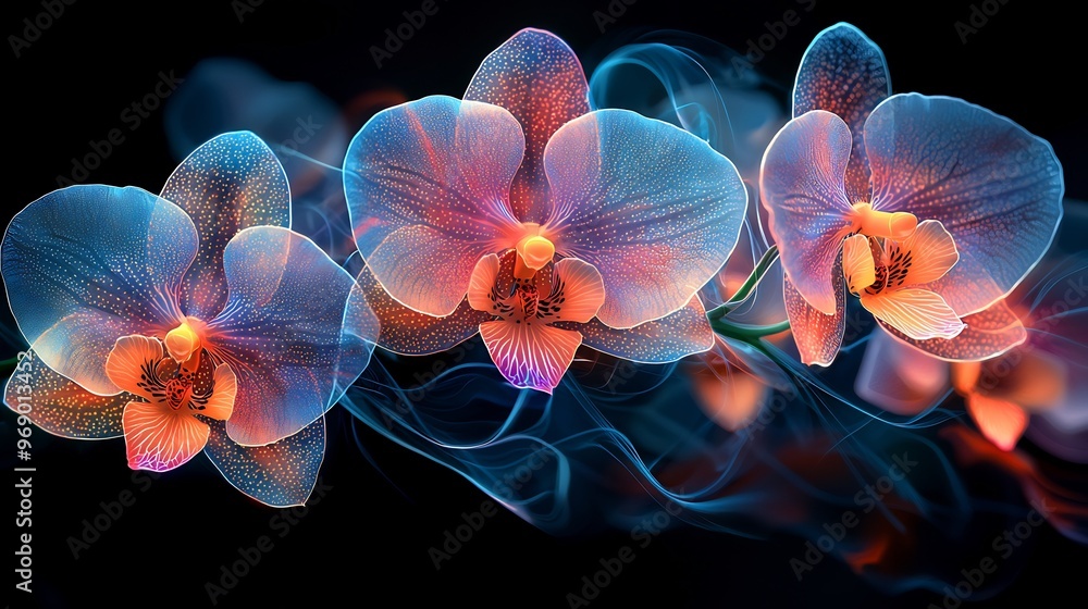 Semiabstract design of glowing neon orchids entwined with vines their petals dissolving into vibrant flowing colors symbolizing elegance and exotic beauty Semiabstract design of glowing neon orchids entwined with vines their petals dissolving into vibrant flowing colors symbolizing elegance and exotic beauty