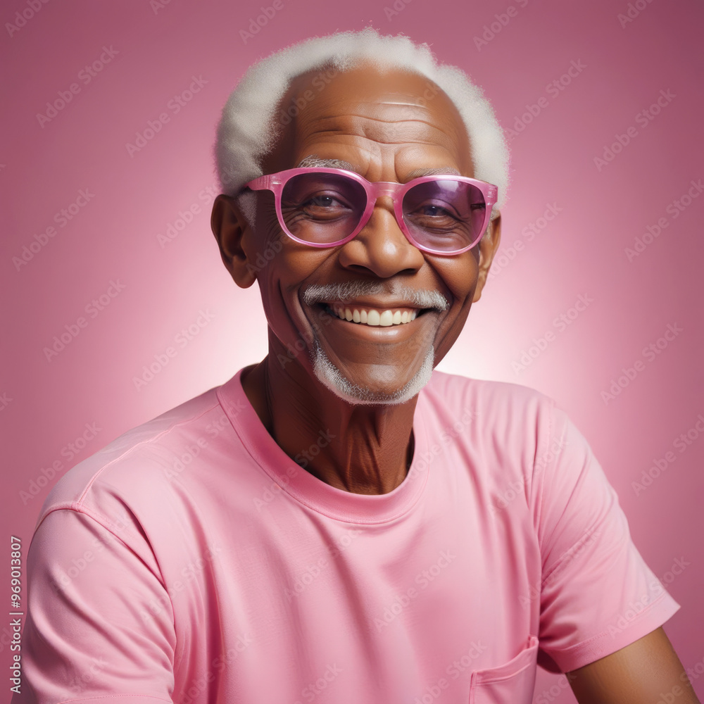 Portrait of cheerful elderly African American man wearing sunglasses on pink Portrait of cheerful elderly African American man wearing sunglasses on pink