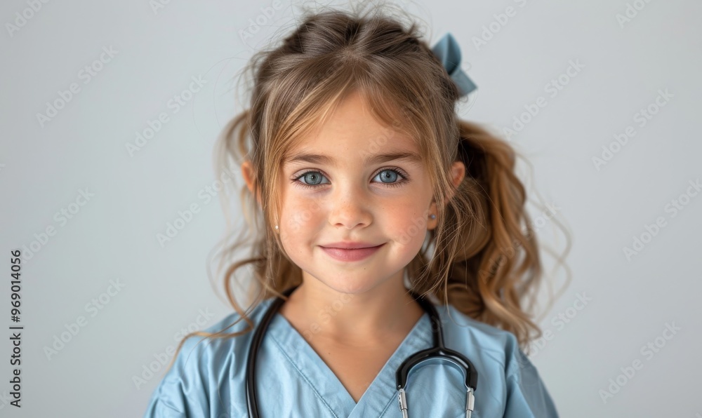 Smiling girl playing doctor, wearing a white coat and stethoscope, embodying care and hope for the future. Smiling girl playing doctor, wearing a white coat and stethoscope, embodying care and hope for the future.