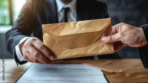 Businessman giving bribe money in a brown envelope to another businessman. photo