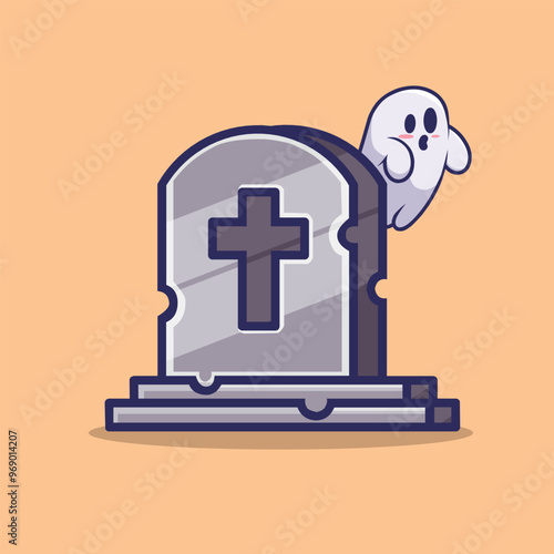 A cute ghost peeks from behind a gravestone with a cross, Perfect for playful Halloween themed designs or fun illustrations