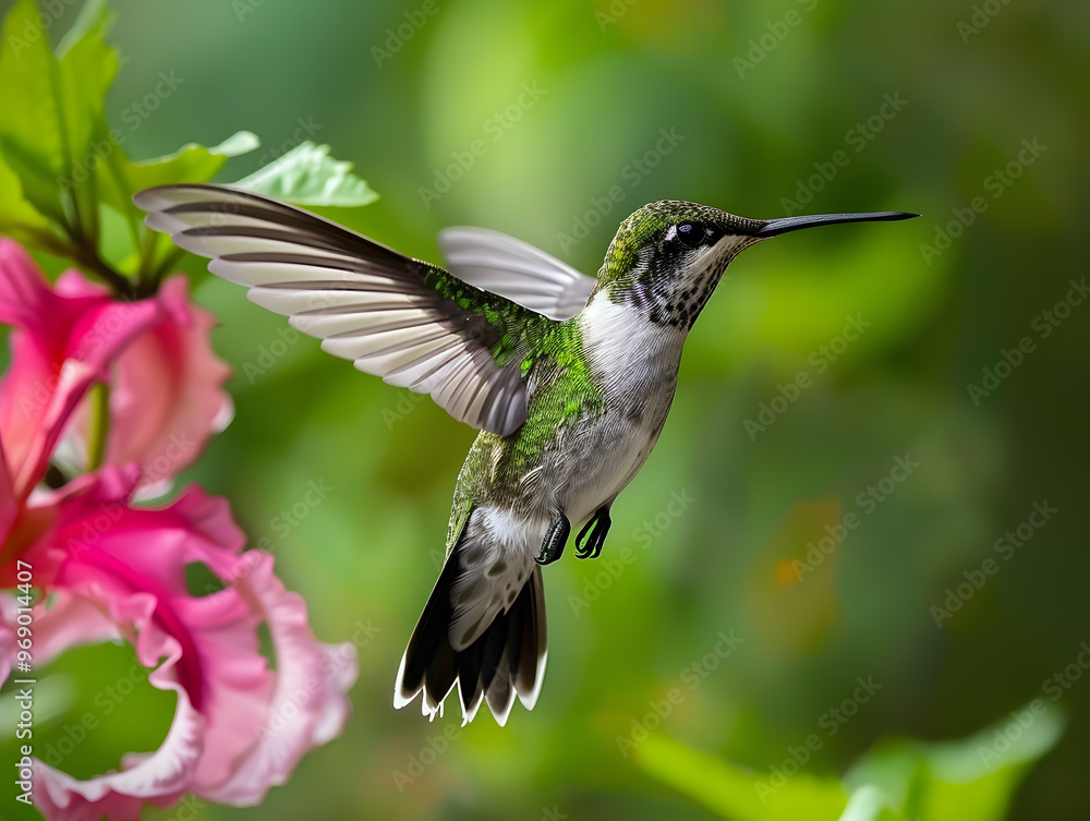 Naklejka premium Beautiful bright colorful hummingbird in flight. Neural network AI generated art