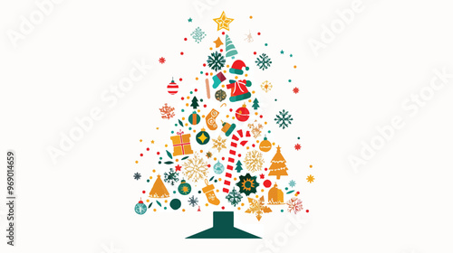 Festive Christmas Tree Made of Various Xmas Icons in Flat Vector Design