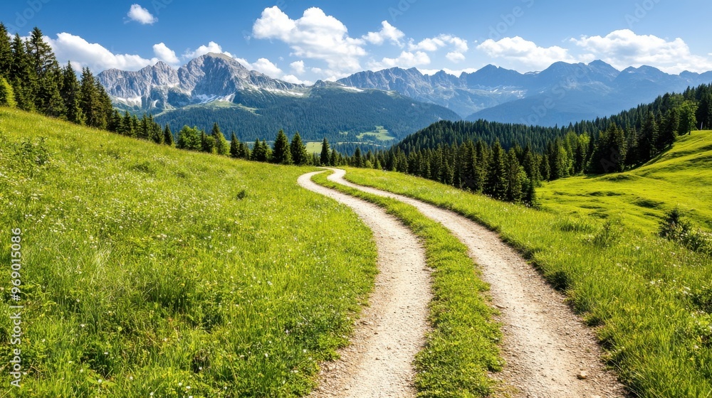 Obraz premium Winding Path Through Alpine Meadow.