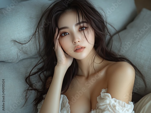 Obraz na płótnie Portrait of young pretty korean, japanese, chinese woman with big breast, girl, teen wearing home dress, nightie with naked shoulders sitting on sofa, lying in bed w salonie