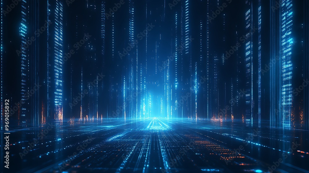 Futuristic digital landscape with glowing blue lines and binary code, creating a mesmerizing sci-fi atmosphere of technology and data. Futuristic digital landscape with glowing blue lines and binary code, creating a mesmerizing sci-fi atmosphere of technology and data.