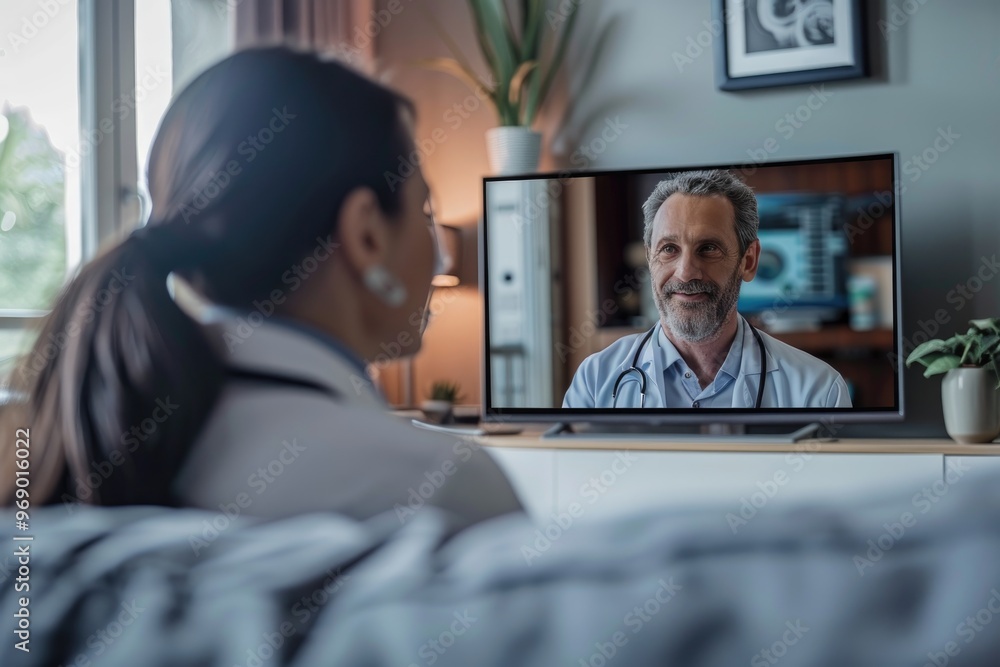 Patient Engages in Virtual Consultation with Doctor via Telehealth on Television Screen