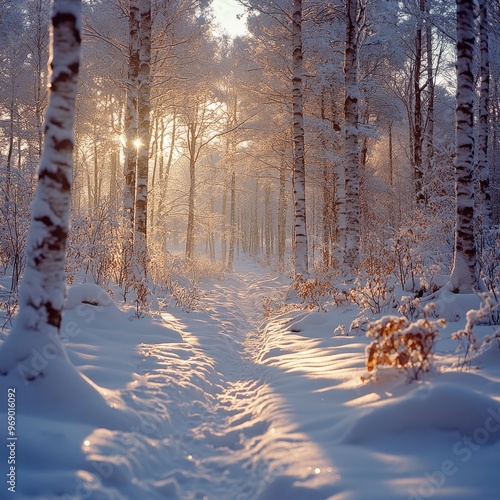 Sunlit snowy forest path with birch trees, capturing the serene beauty of winter in a tranquil woodland setting.