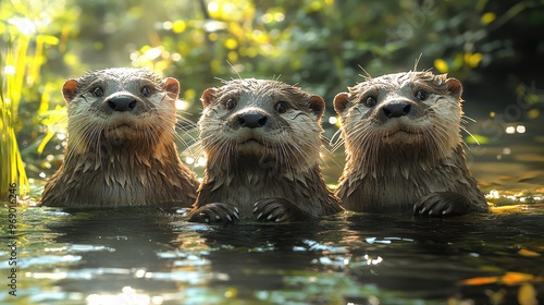 Three adorable otters standing in the water, surrounded by lush greenery and sunlight filtering through the leaves.