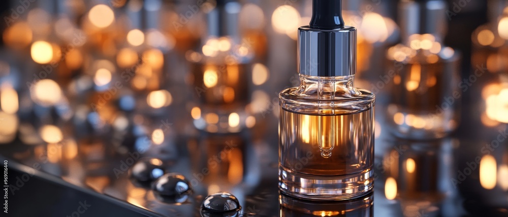 A bottle of perfume is on a table with other bottles of perfume A bottle of perfume is on a table with other bottles of perfume