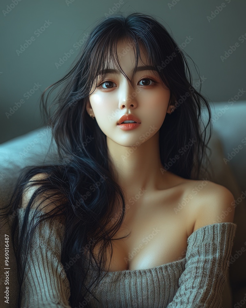 Portrait of young pretty korean, japanese, chinese woman with big breast, girl, teen wearing home dress with naked shoulders sitting on couch