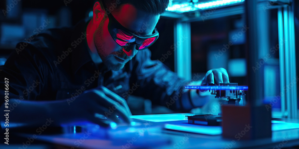 High-Tech Crime Scene Investigation: A SWAT officer using a 3D printer and holographic projection to analyze evidence. High-Tech Crime Scene Investigation: A SWAT officer using a 3D printer and holographic projection to analyze evidence.