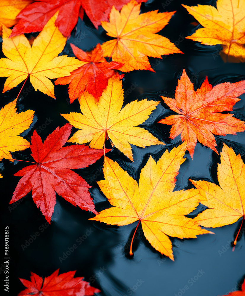 Red maple leaves floating on water. AI generative. Red maple leaves floating on water. AI generative.
