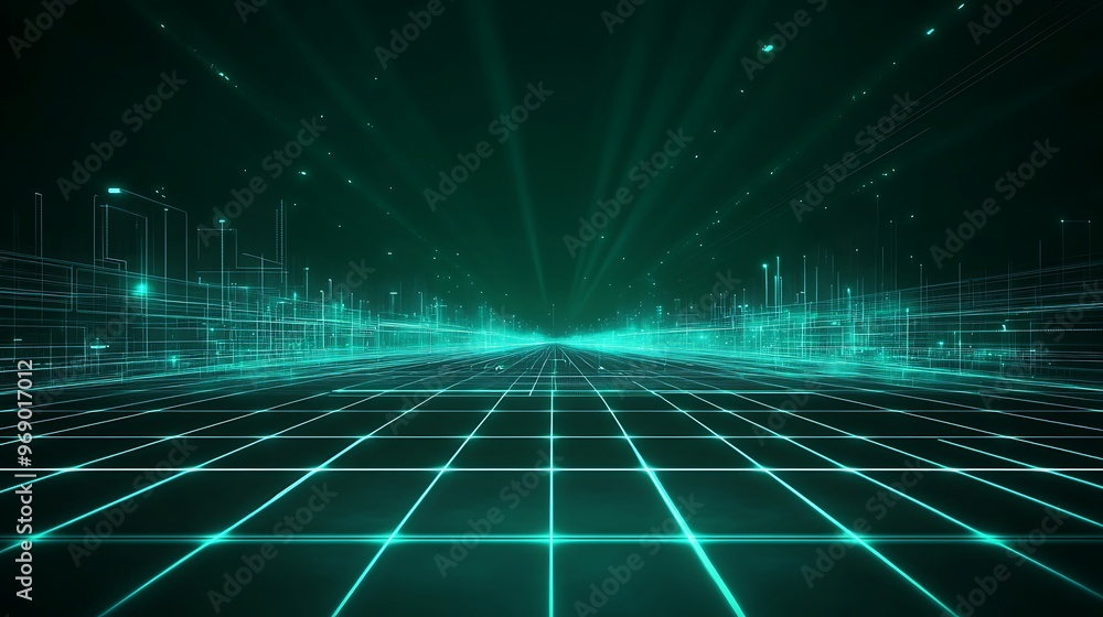 Futuristic digital landscape with glowing grid and vibrant rays of light, perfect for technology and science fiction themes. Futuristic digital landscape with glowing grid and vibrant rays of light, perfect for technology and science fiction themes.