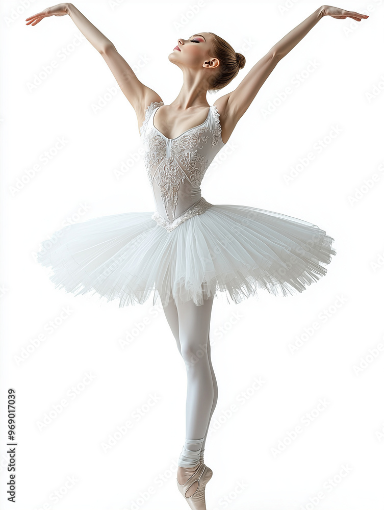 A ballerina in a white tutu, standing en pointe with arms gracefully raised, isolated on a white background A ballerina in a white tutu, standing en pointe with arms gracefully raised, isolated on a white background