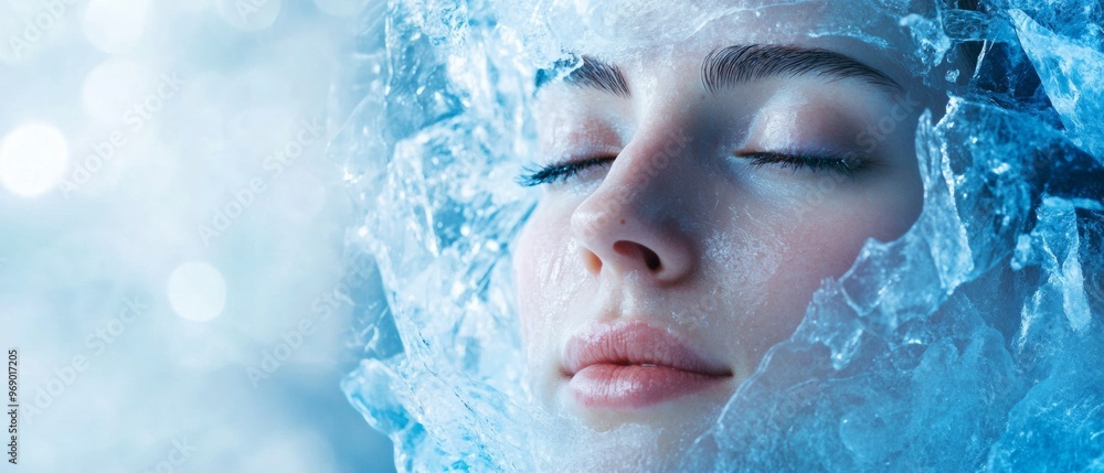 A woman's face is covered in ice, giving her a serene and peaceful appearance A woman's face is covered in ice, giving her a serene and peaceful appearance