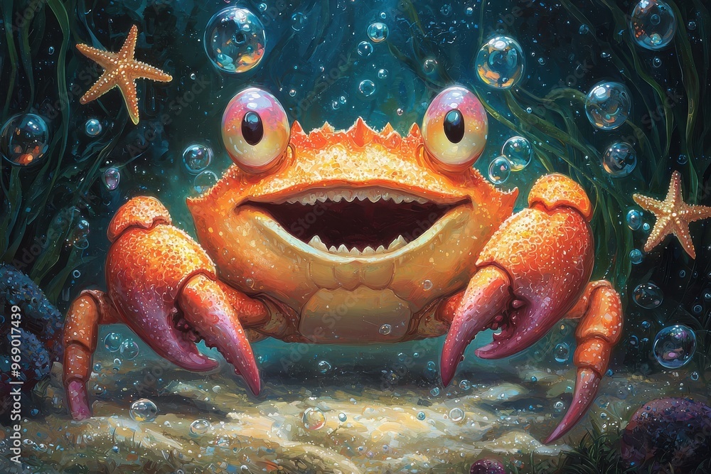 Obraz premium Comical crab with big eyes and teeth in underwater marine environment with bubbles and starfish