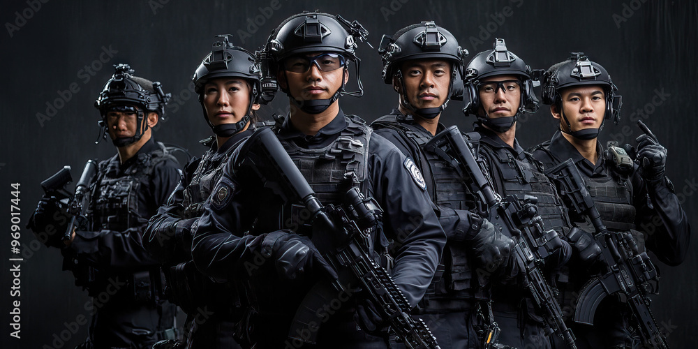 Silicon Valley SWAT: A group of officers posing with high-tech weapons and tactical gear at a technology company. Silicon Valley SWAT: A group of officers posing with high-tech weapons and tactical gear at a technology company.