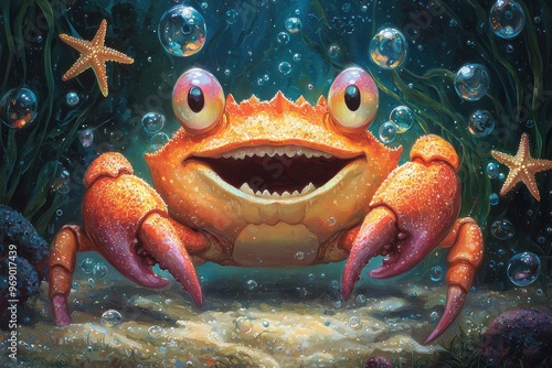 Comical crab with big eyes and teeth in underwater marine environment with bubbles and starfish