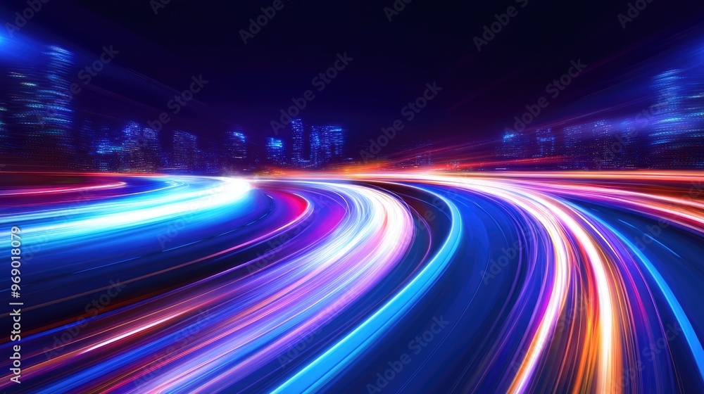 Curved light trails ascend as a fast car accelerates on a night road showcasing the motion of city lights An illustration of high speed concepts in action Curved light trails ascend as a fast car accelerates on a night road showcasing the motion of city lights An illustration of high speed concepts in action