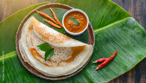 Delicious south indian special dosa and chatni served on banana leaf  photo