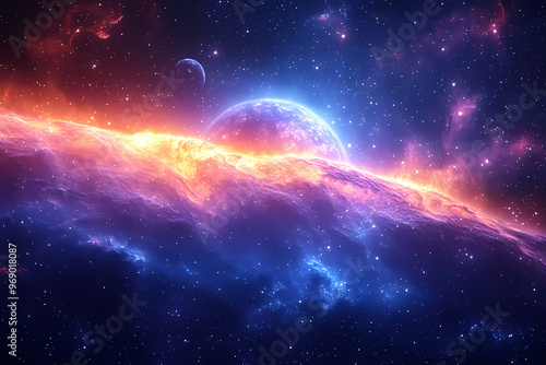 A magnificent cosmic scene featuring planets surrounded by vibrant clouds and colorful nebulae, highlighting the enchanting wonders of the universe in vivid, dynamic colors.