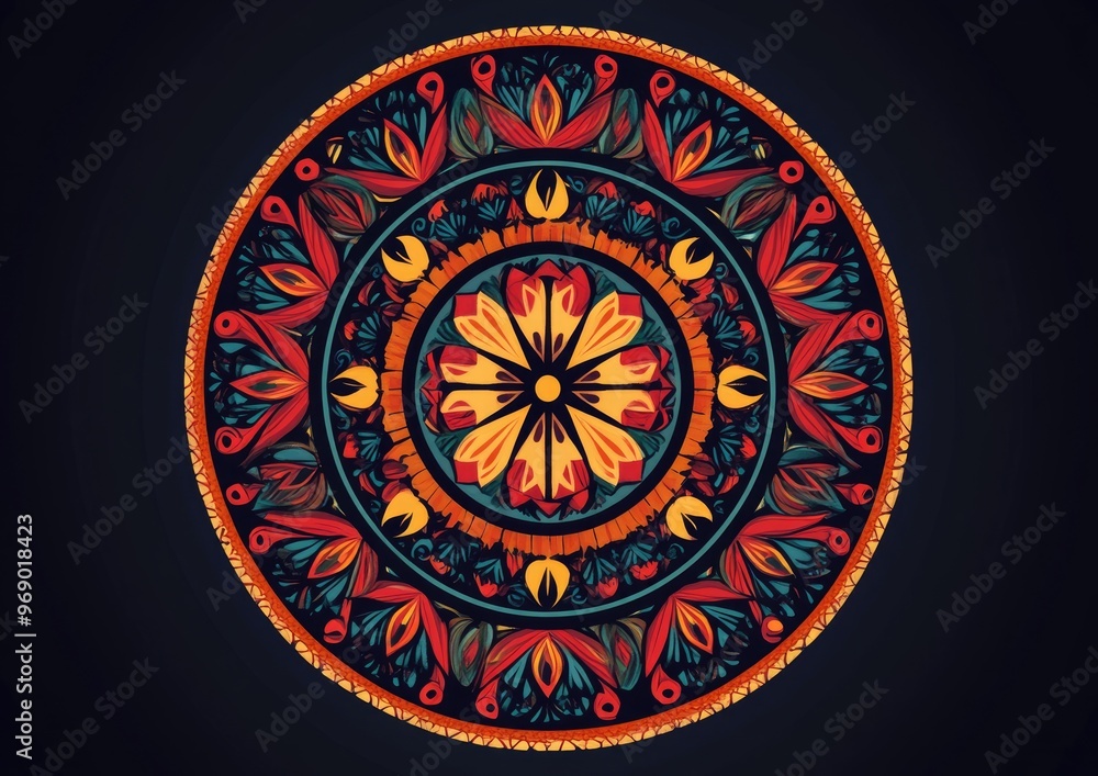 Traditional Indian design featuring a circular composite pattern in a 2D cartoon style illustration Traditional Indian design featuring a circular composite pattern in a 2D cartoon style illustration