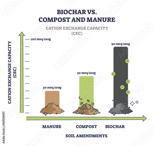 Biochar vs compost and manure cation exchange capacity or CEC outline diagram. Labeled scheme with soil ability to hold or exchange cations vector illustration. Millequivalents or meq amount in soil.