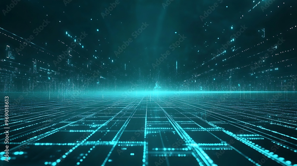 Fototapeta premium Futuristic digital landscape with glowing lines and data, creating a sense of depth and technology in a virtual space.