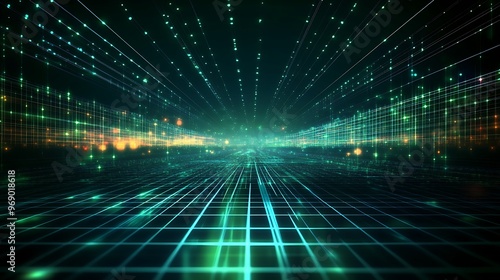 Wallpaper Mural Futuristic digital landscape with glowing lines and dots, creating a sense of depth and movement in a tech-inspired environment. Torontodigital.ca