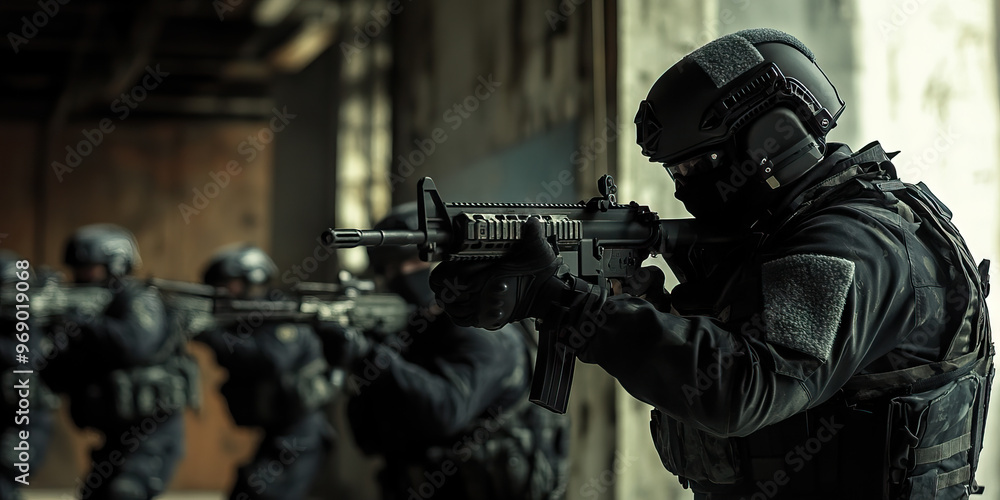 S.W.A.T. Simulation - A group of SWAT team members in training, participating in a realistic simulation exercise at an abandoned warehouse. S.W.A.T. Simulation - A group of SWAT team members in training, participating in a realistic simulation exercise at an abandoned warehouse.