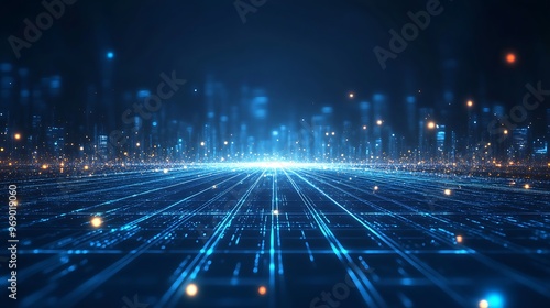 Futuristic digital landscape with glowing lines and lights, representing technology, connectivity, and virtual reality. photo